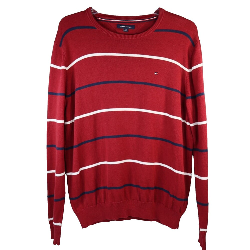 Tommy Hilfiger Sweater Men Medium Cotton Pullover Logo Crew Neck Burgundy Stripe